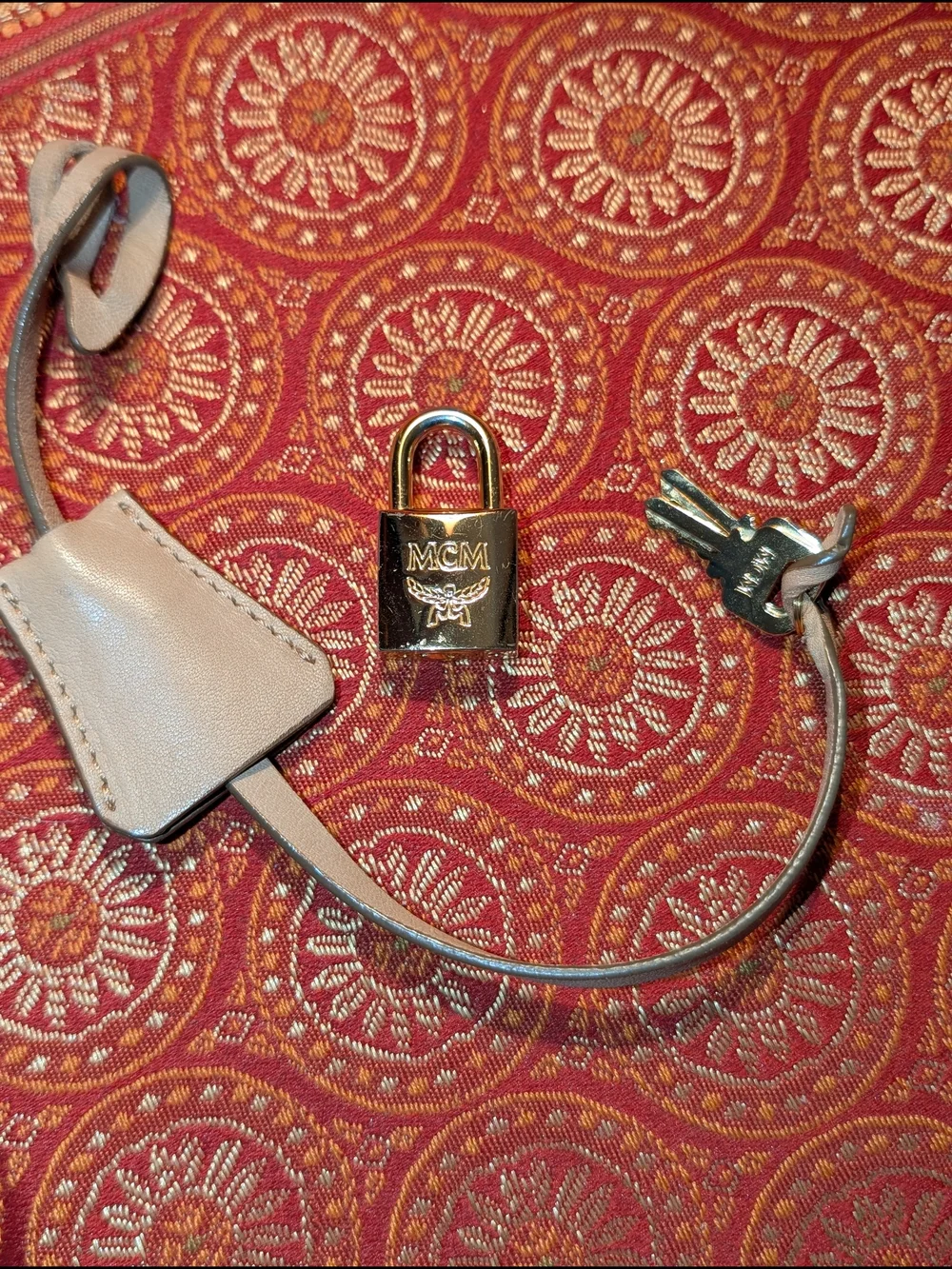MCM Gold Padlock and Two Keys On Cream Leather Lanyard